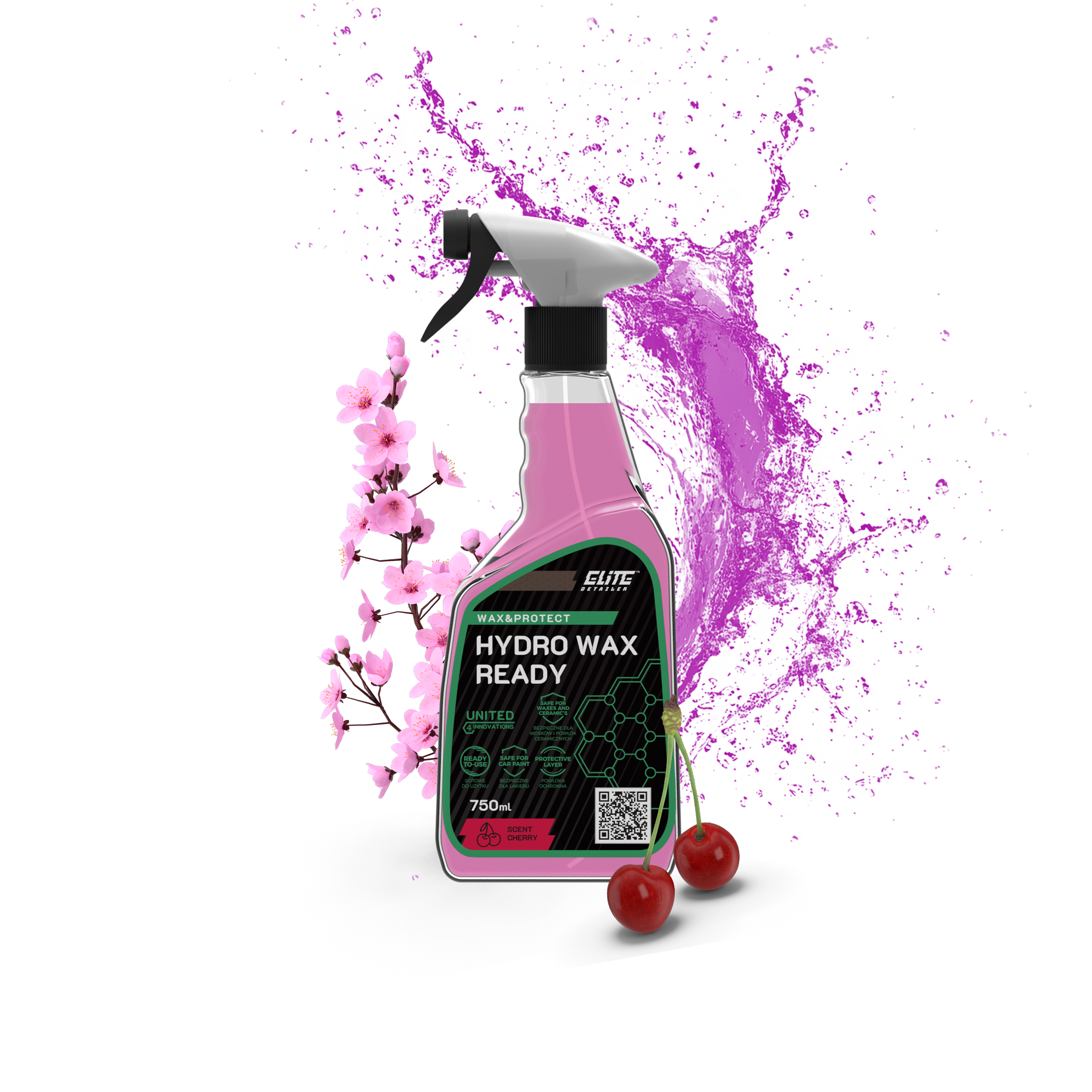 Hydro Wax Ready ist ein synthetisches Wachs mit polymeren und herrlichem Kirschduft. Es sorgt für Farbfirsche auf dem Lack, hinterlässt einen Wetlook Glanz und bietet hervorragende hydrophobe Eigenschaften gegen Schmutz und Dreck auf dem Lack.